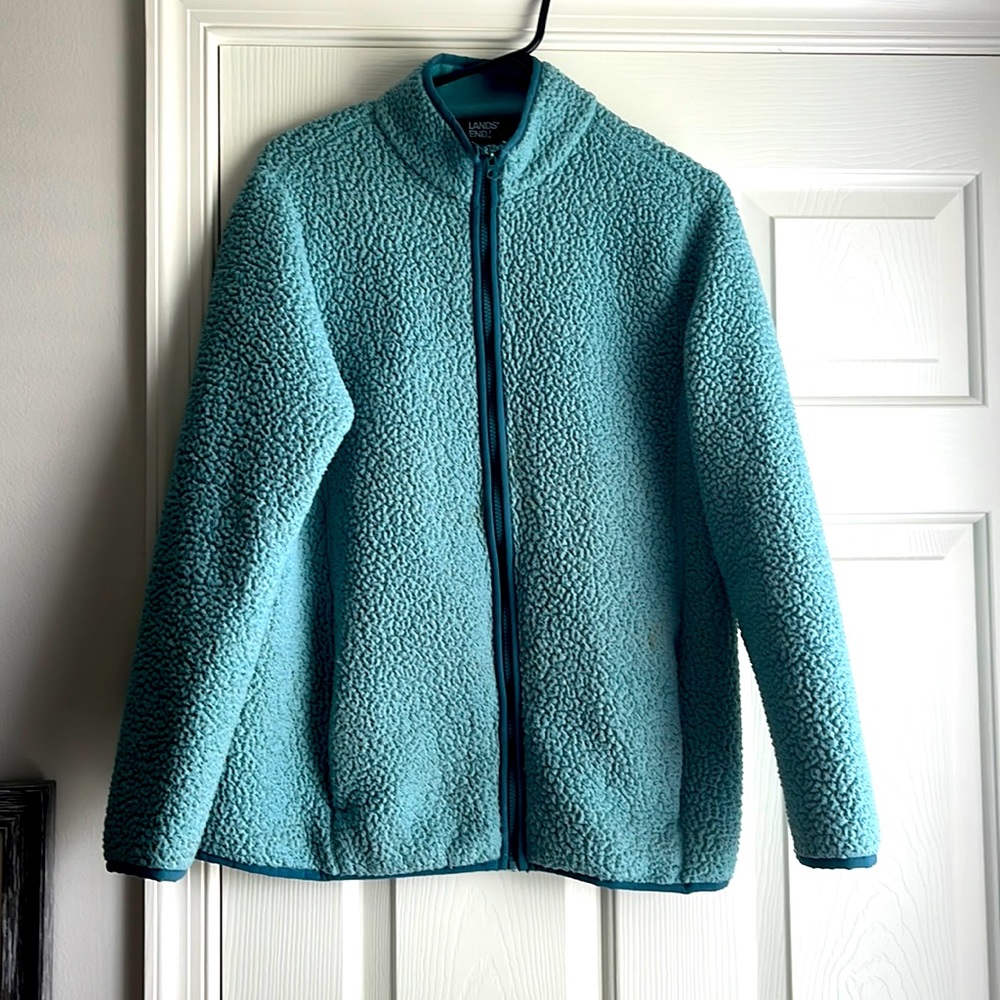 Land’s End Fleece Sherpa Sage Green Trimmed W/ Teal Full Zip Up Size M
